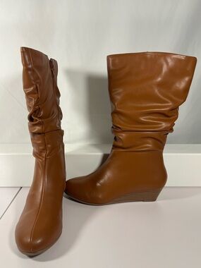 Comfortview Slouch Mid Calf Boots Brown Wedge Heel Size 9M